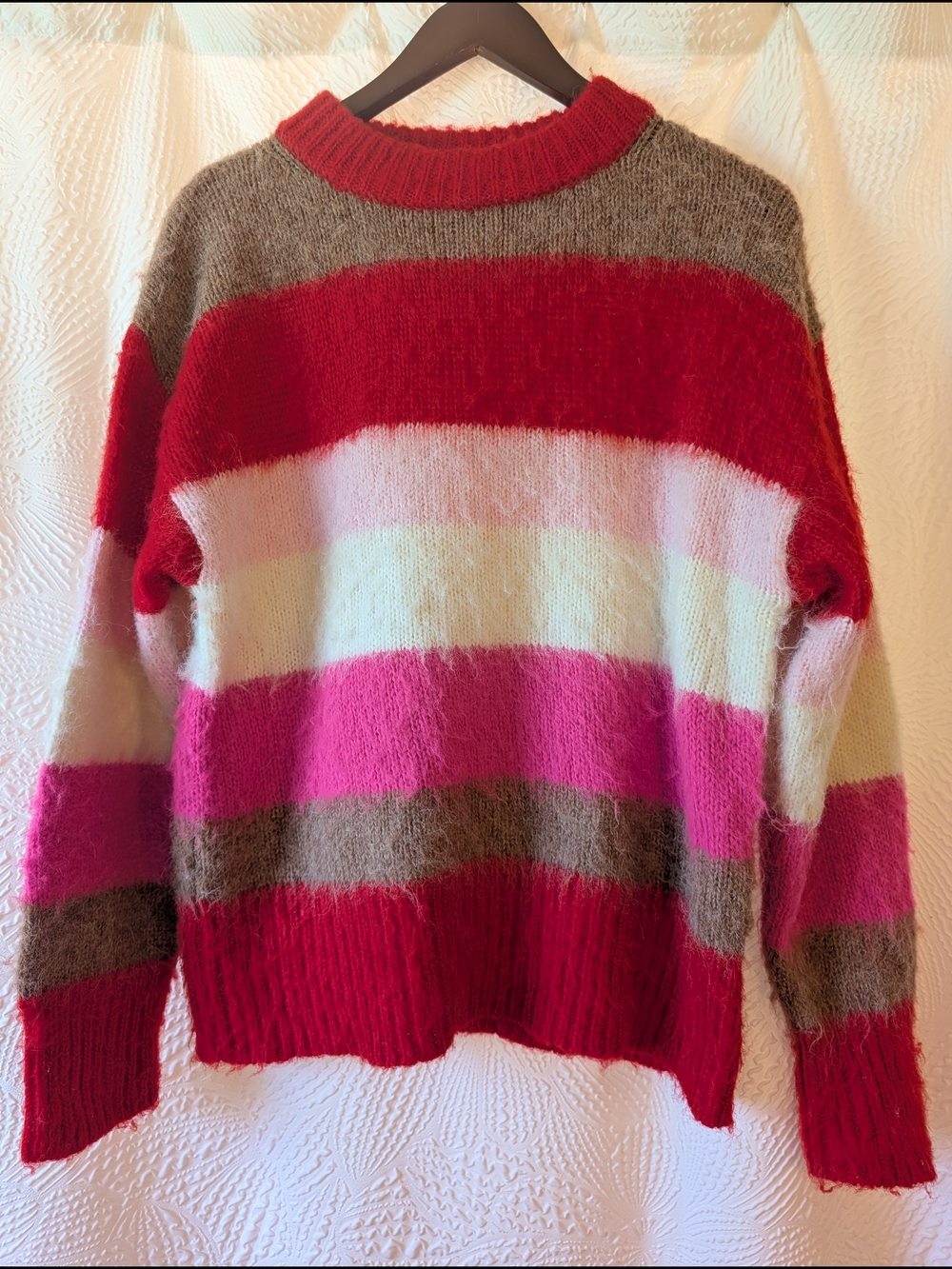 a new day Fuzzy Striped Crewneck Sweater in Red, Pink, Cream, and Brown